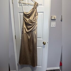 David's Bridal One-Shoulder Satin Dress in Light Gold